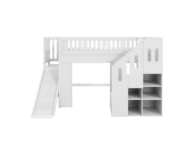  Lit superposé, lit mezzanine, lit enfant 90x200cm avec toboggan, barrière de sécurité et escalier de rangement, lit junior, avec bande lumineuse led, bois massif, blanc  - Conforama D