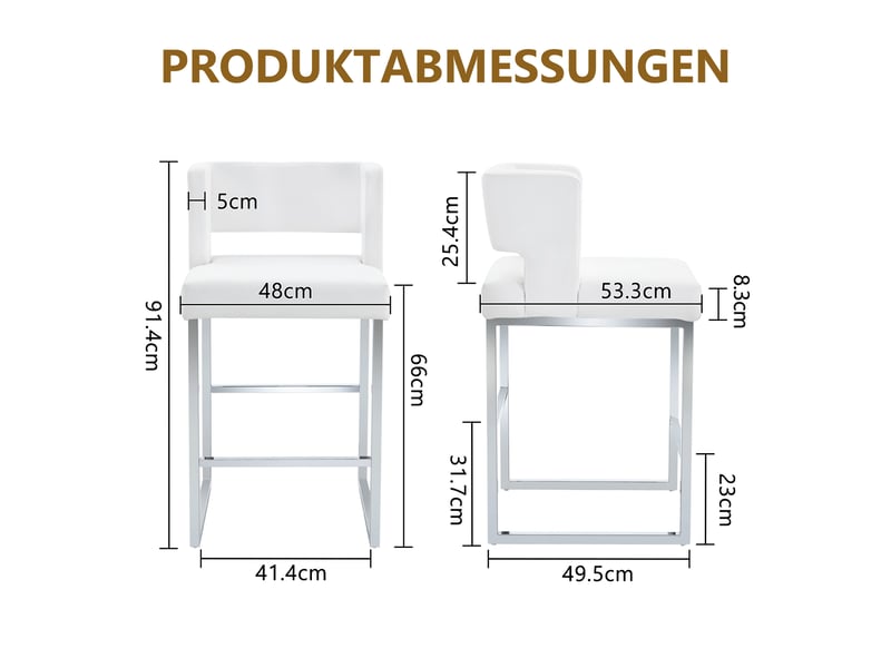  Lot de 2 tabourets de bar 41,4x49,5x91,4cm blanc et argent - en pu avec dossier bas enveloppant, repose-pieds et pieds en métal argenté  - Conforama B