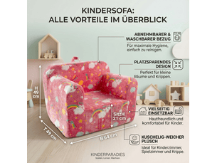 Fauteuil enfant 64 x 49 x 49 cm rose en tissu et mousse, avec accoudoirs, poignée et housse lavable