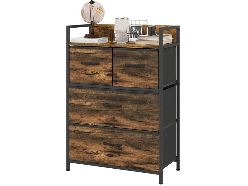  Commode 60x29x85 cm marron rustique et noir, 4 tiroirs en tissu, style industriel, rangement compact  - Conforama A