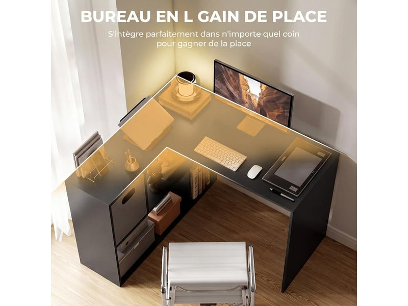  Bureau d'angle avec tiroir en tissu et étagères noir 110 x 100 x 75 cm  - Conforama D