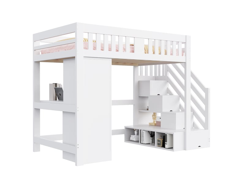 Lit mezzanine multifonction 140x200 cm, bureau avec prise, escalier de rangement, armoire et banc de rangement, led multicolore, bois blanc Radiant Stride - Conforama A