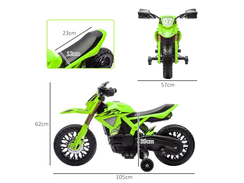  Moto cross électrique pour enfants 3-8 ans, batterie 6 v, 2 moteurs, klaxon et roues d'entraînement, charge 30kg, vert  - Conforama E