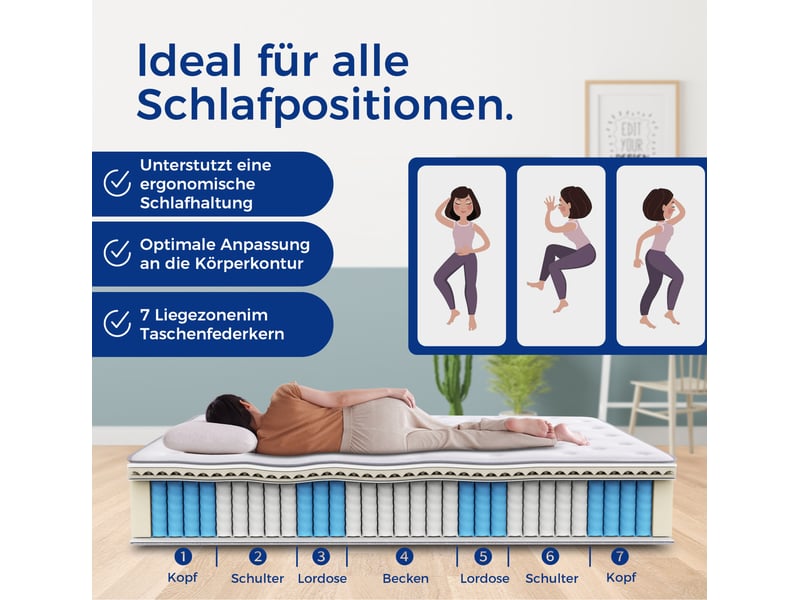  Matelas à ressorts ensachés 140x200 cm h3, blanc ancien, mousse confort, 7 zones et hauteur 25 cm  - Conforama D