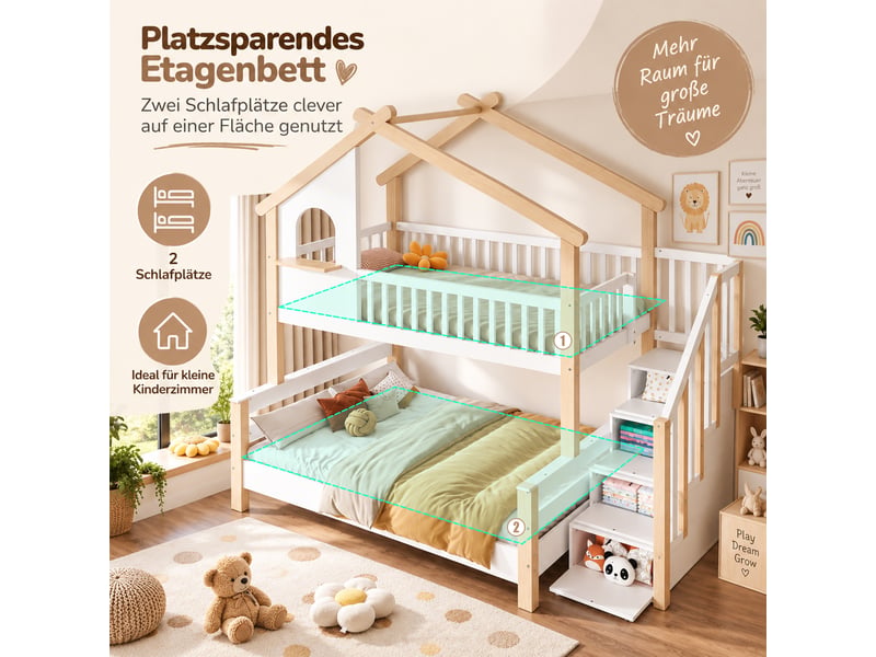  Lit superposé enfant 90x190 et 120x190 cm avec escalier de rangement, lit maison en bois avec protection anti-chute et rambarde blanc et naturel  - Conforama D