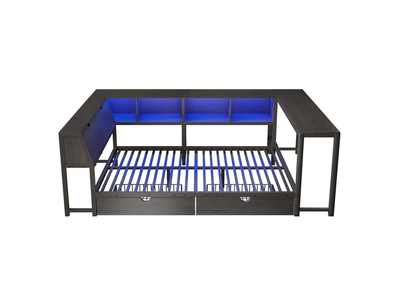  Lit en métal 140x200 avec tête de lit de rangement, éclairage led, bureau et tiroirs, lit multifonctionnel  - Conforama D