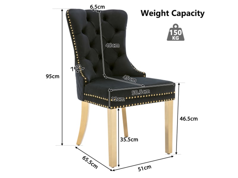  Lot de 2 chaises de salle à manger en velours avec heurtoir à l'arrière,garniture en tête de clou et pieds en acier inoxydable plaqué or,noir chaise noir - Conforama C
