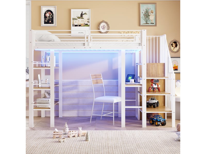  Lit surélevé 90x200 en métal blanc avec led, prise, étagère et bibliothèque, lit simple multifonction  - Conforama D