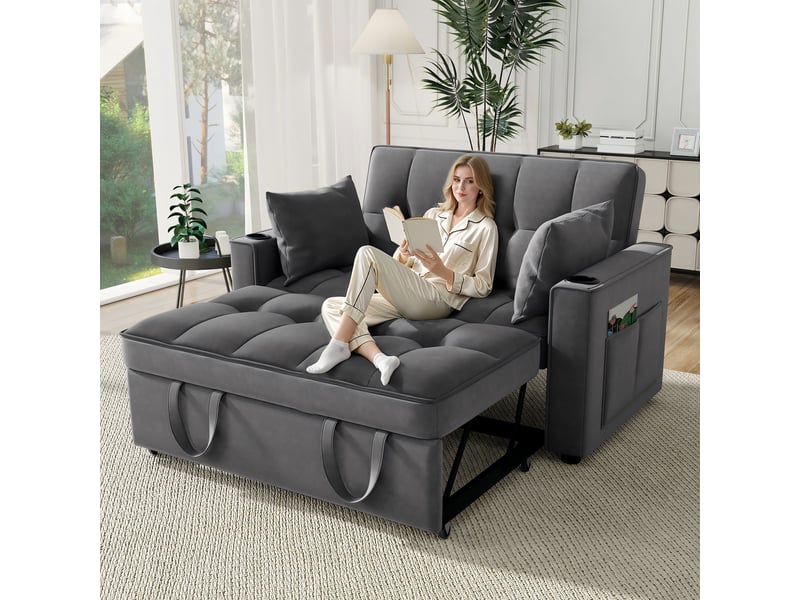 Canapé 2 places en velours multifonction avec fonction de couchage,canapé-lit pliant avec porte-gobelet et oreillers,pour salon chambre cinéma maison,137x76.5x83cm,gris 137x76.5x83cm - Conforama W