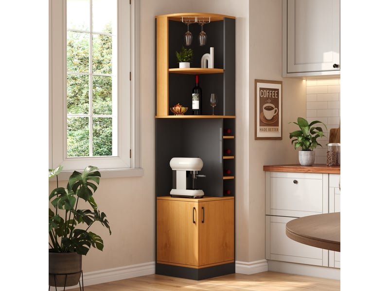 Armoire à vin d'angle noire 40x40x182cm, meuble bar avec porte-verres et étagères, meuble de rangement cuisine gain de place - Conforama B