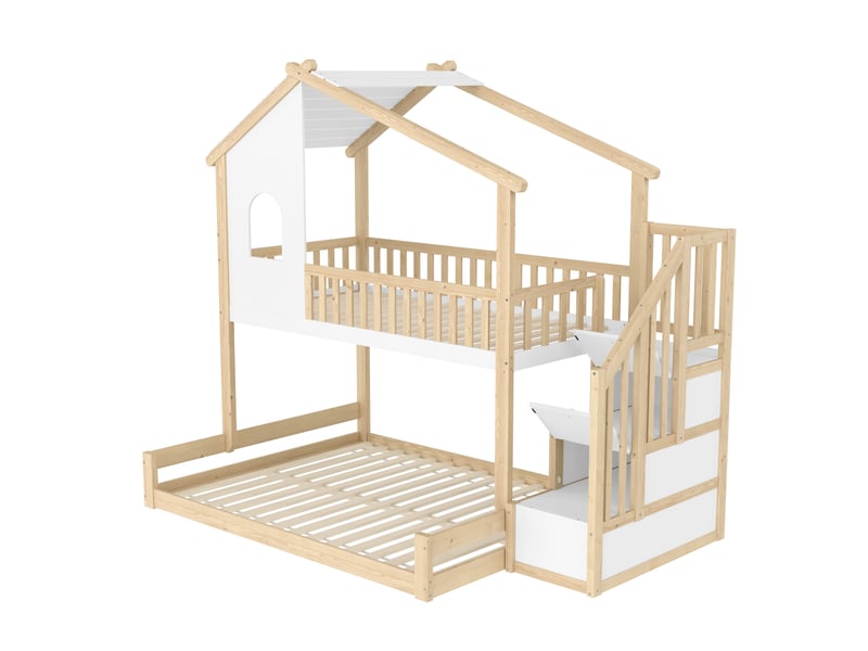  Lit superposé naturel et blanc 90 × 200 + 140 × 200 cm, échelle avec rangement  - Conforama E