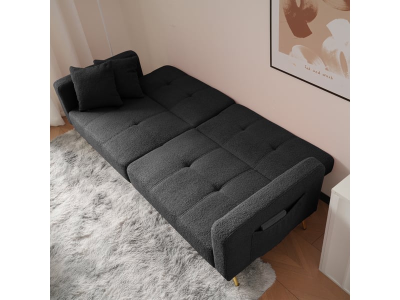  Canapé convertible 2 places en tissu sherpa gris foncé, dossier inclinable, pieds dorés, avec coussins et poches latérales.  - Conforama E