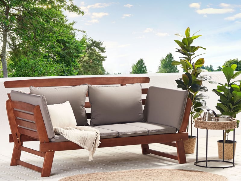  Banc avec coussin d'assise portici 210 cm bois d'eucalyptus marron foncétaupe  - Conforama B