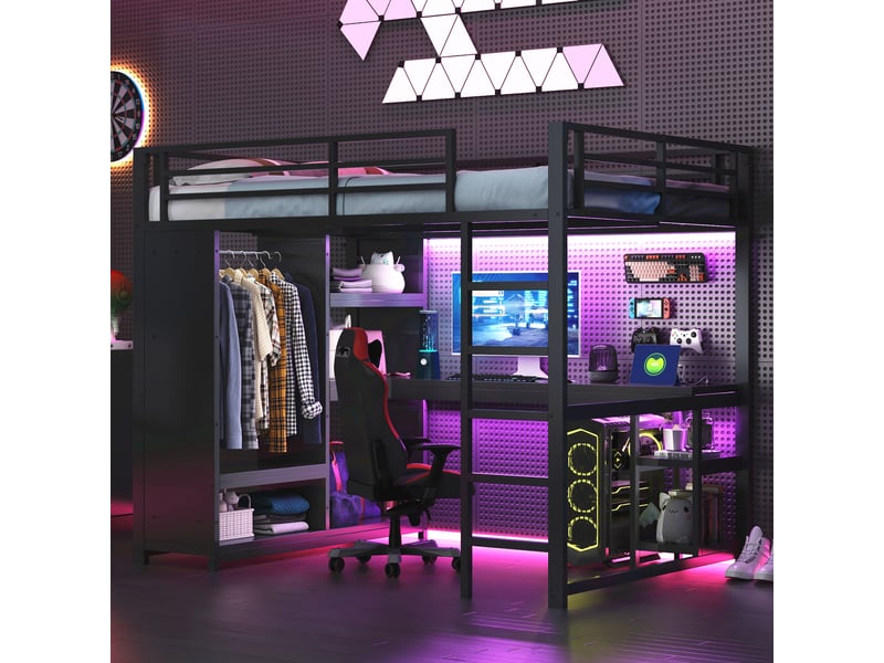  Lit mezzanine gaming 140x200 cm noir, avec bureau, led, rangements, penderie ouverte, structure métal, sommier inclus, sans matelas  - Conforama B