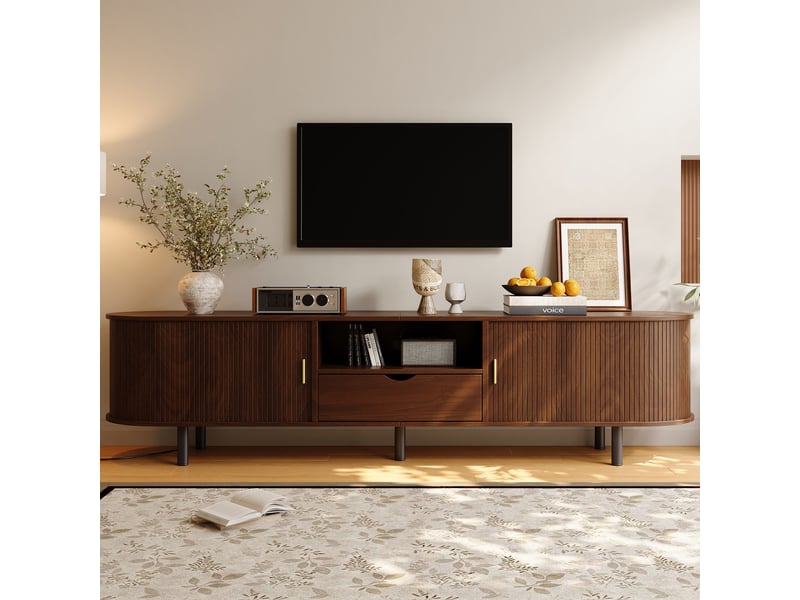  Meuble tv 175 cm noyer, porte coulissante à lamelles, tiroir et niches ouvertes Fay Lum - Conforama B