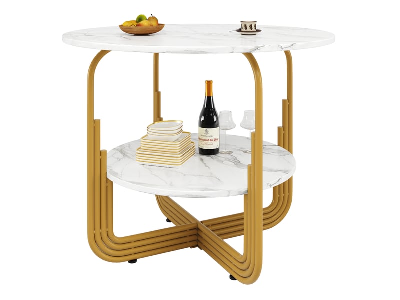  Table ronde, 80x80x76 cm, plateau imitation marbre épais, plateau en mdf, design moderne, pratique, mdf, coloris dorée  - Conforama A