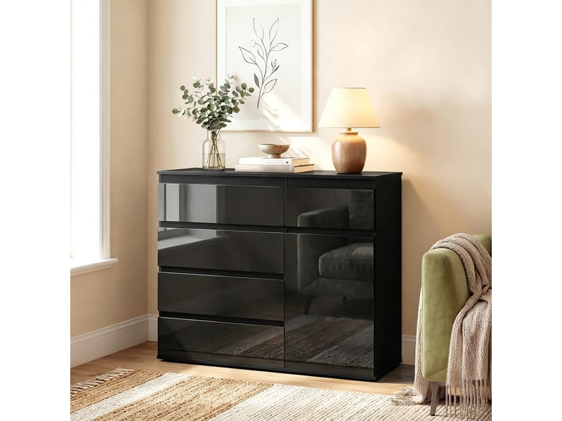  Buffet moderne, buffet de rangement avec 5 tiroirs, étagère réglable, porte à fermeture amortie, noir laqué brillant  - Conforama D
