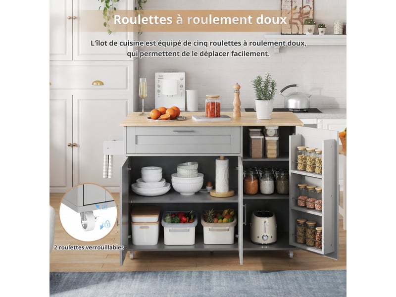  Desserte de cuisine à roulettes avec plan de travail rabattable, îlot avec rangement, gris et bois clair  - Conforama D