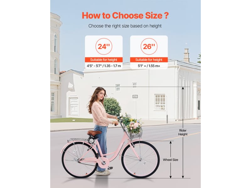 Vevor vélo croiseur de plage rose 1 vitesse 660,4 mm avec grand panier et siège - Conforama C