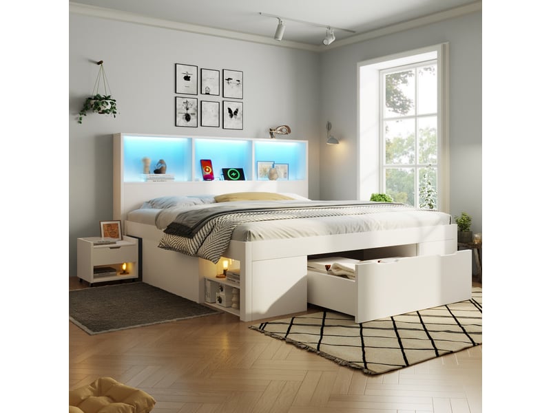  Lit 140x190 cm avec rangement et 2 chevets mobiles, lit double en bois avec tiroir, led, usb-c et étagères de tête de lit - blanc (sans matelas)  - Conforama B