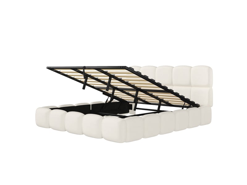 Lit coffre double 200x200 cm, lit capitonné en tissu bouclé blanc, sans matelas - Conforama D