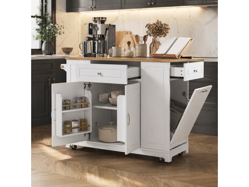 Desserte de cuisine avec plateau rabattable, prises, tiroir à déchets et roulettes, en mdf blanc naturel, 131,8×40-70×93,3 cm - Conforama B