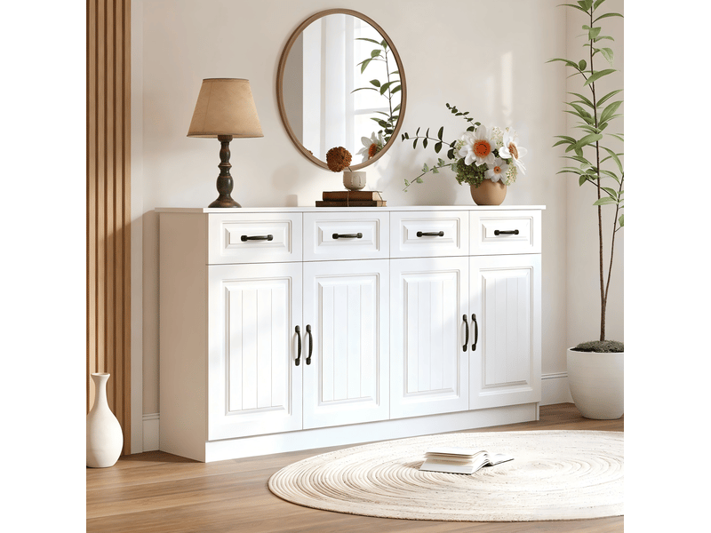 Buffet 160 cm en mdf blanc avec 4 portes et 4 tiroirs, façades rainurées - Conforama B