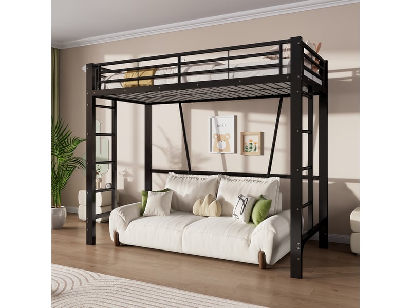  Lit mezzanine 90x200 cm en métal noir avec échelles des deux côtés, garde-corps et espace libre sous le lit.  - Conforama C