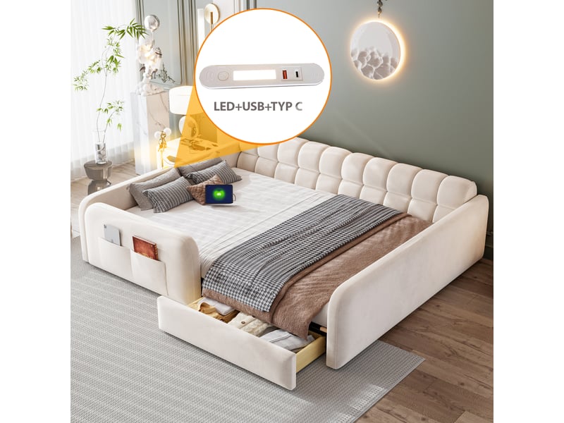  Lit enfant rembourré 140 x 200 cm avec tiroir, veilleuse, port de charge, barrières hautes et tête de lit type canapé, velours beige evarich - Conforama D