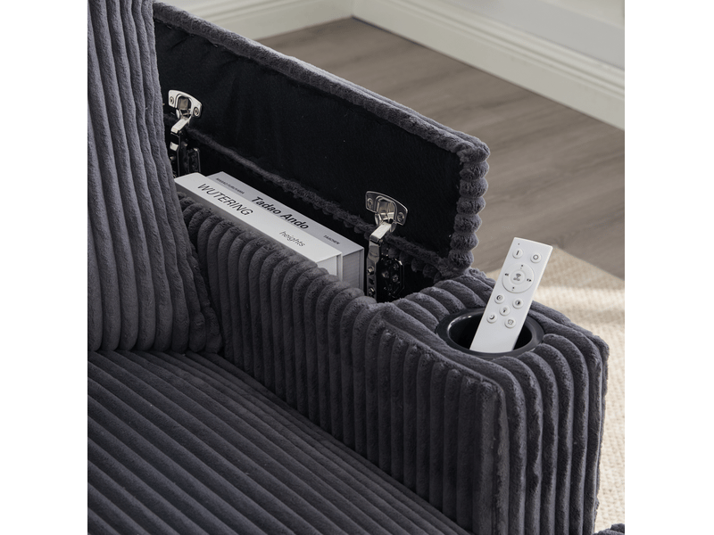 Chaise longue fixe 1 place en velours côtelé gris foncé avec led, usb, rangement et porte-gobelets latéraux - Conforama D