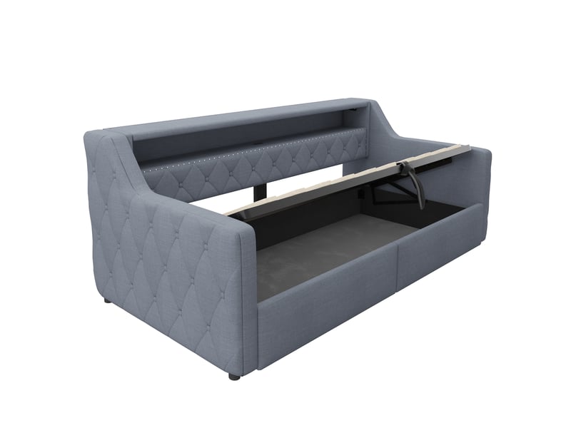  Lit banquette gris 90x200 cm avec led, coffre hydraulique, usbtype-c, lin  - Conforama D