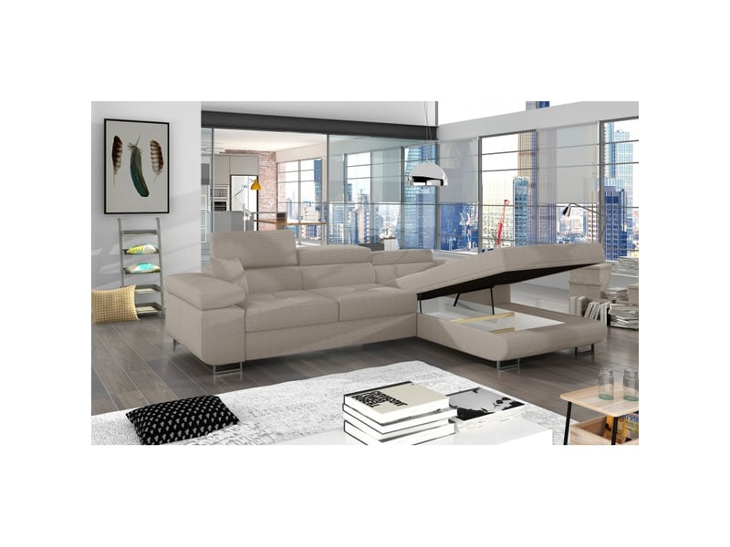  Canapé d'angle convertible amanda beige foncé velours côtelé avec coffre  - Conforama D