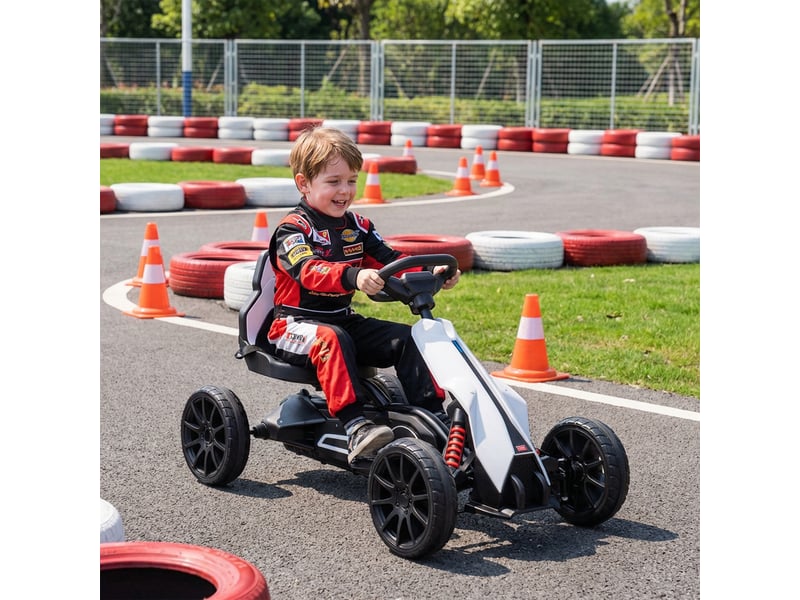  Karting électrique 12 v pour enfants de 3 à 8 ans, vitesse 3-5 kmh, ceinture de sécurité, 100 x 58 x 58,5 cm, blanc  - Conforama D