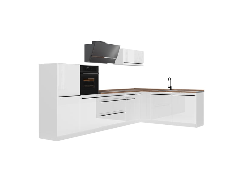  Vicco cuisine en angle, blanc haute brillanceblanc, 347 x cm plan de travail chêne doré  - Conforama A