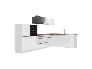 Vicco cuisine en angle, blanc haute brillanceblanc, 347 x cm plan de travail chêne doré