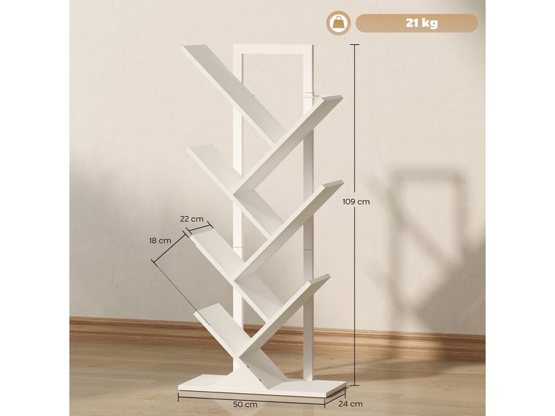  Bibliothèque en forme d'arbre à 7 étagères avec système anti-basculement, idéale pour le salon ou la chambre, 50 x 24 x 109 cm, blanche.  - Conforama E