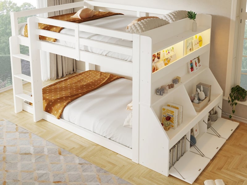  Lit mezzanine en bois massif, 140 x 200 cm, avec bibliothèque, bande led et compartiments de rangement, blanc  - Conforama B