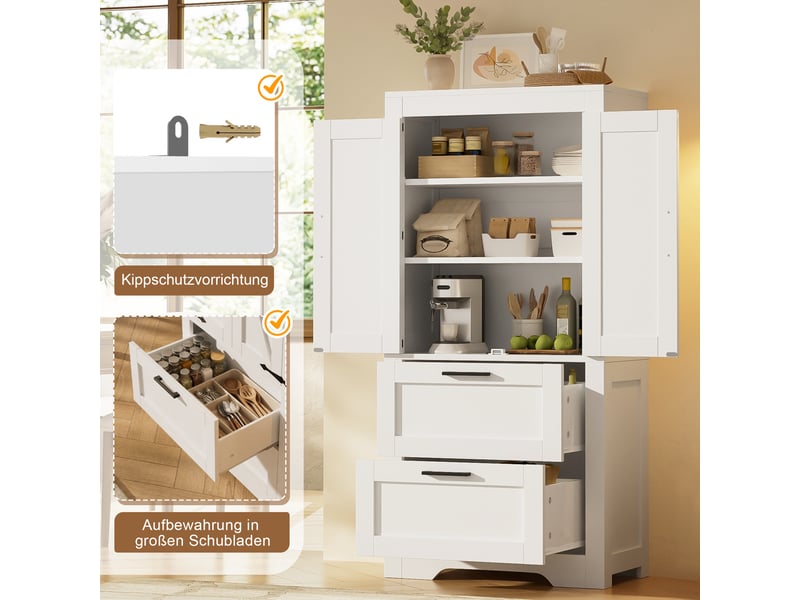  Buffet haut 60x30x128 cm blanc, meuble rangement cuisine avec 2 tiroirs et étagères ajustables, style campagne moderne  - Conforama R