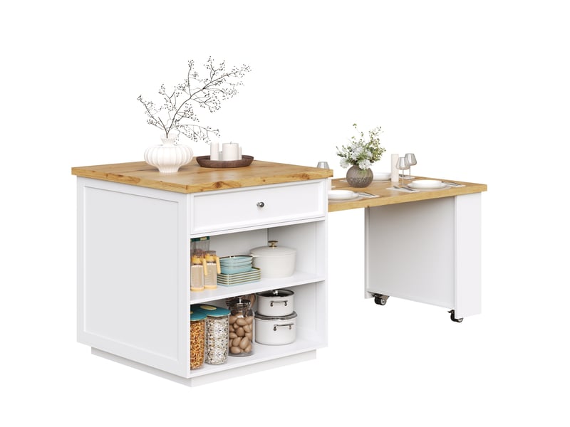  Ilot de cuisine extensible avec 5 tiroirs et roulettes, mdf et métal, blanc  - Conforama A