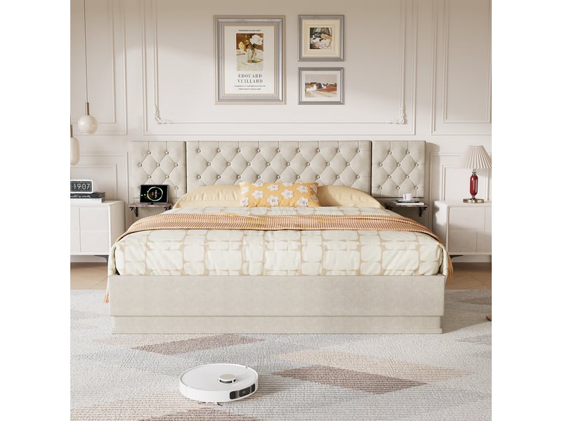  Lit coffre 2 places européen 160x200 cm, lit adulte, rangement, 2 chevets, led, recharge sans fil, port usb, lin beige  - Conforama C