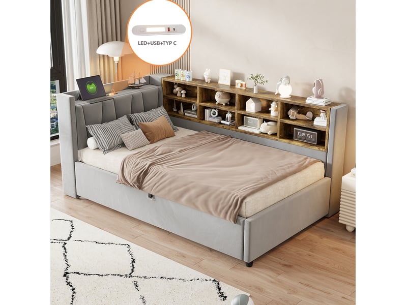  Lit coffre modenvie 90 x 200 cm en velours gris clair avec veilleuse usb type-c et rangements  - Conforama E