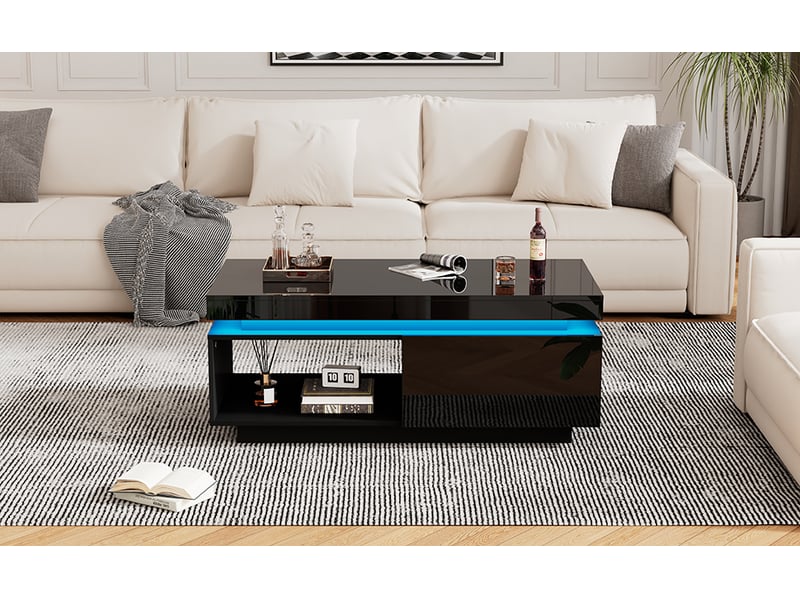  Table basse noire laquée avec éclairage led et tiroir, 100x50x40 cm, panneau de particules, noir  - Conforama D