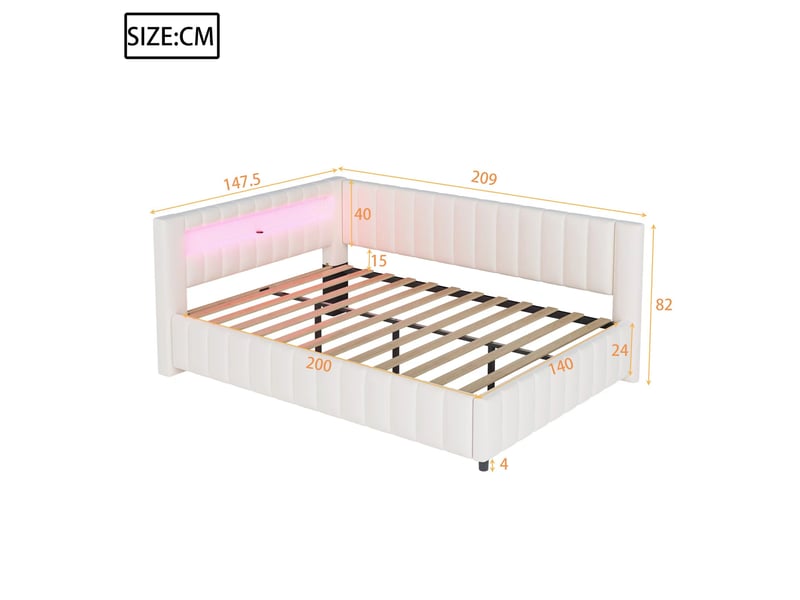 Lit banquette enfant rembourré 140 x 200 cm avec led et usb, velours beige Fay Lum - Conforama C