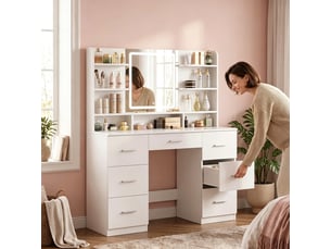 Grande coiffeuse multifonction avec miroir lumineux – table de maquillage blanche à grande capacité