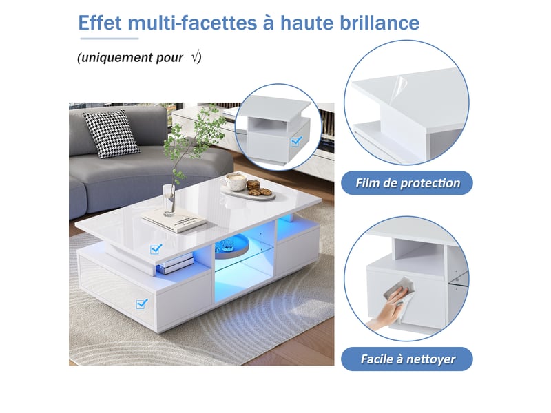  Table basse avec 2 tiroirs, rangements ouverts et led pour salon 100×50×36 cm en panneaux de particules blanche  - Conforama C
