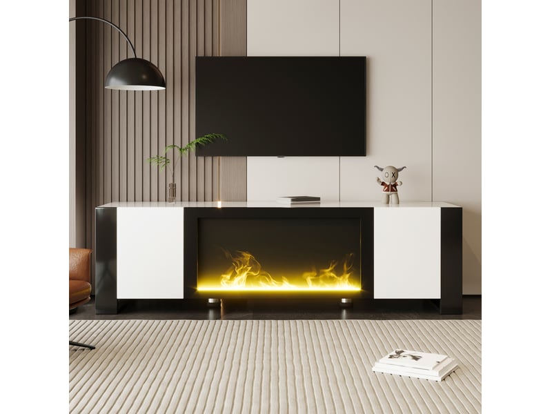  Meuble tv 165x32x55 cm avec foyer électrique décoratif effet flamme, blanc et noir  - Conforama D