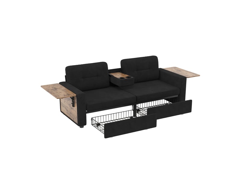  Canapé 2 places 178x71x57,5 cm avec rangements et tablettes, noir  - Conforama A