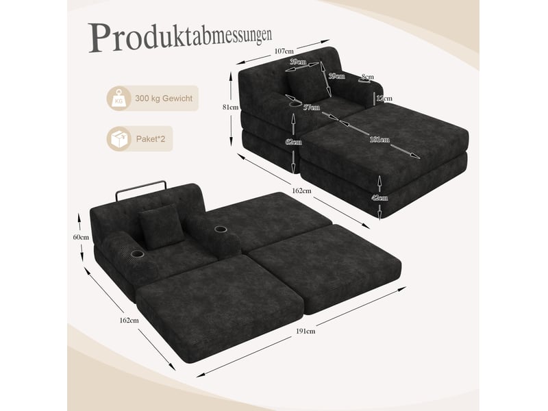  Fauteuil convertible 1 place avec pouf, couchage, 4 poches et 2 porte-gobelets en velours côtelé noir  - Conforama C