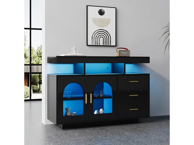  Buffet de salon 140x40x65 cm, commode moderne avec bandeau lumineux led, meuble de rangement avec 3 compartiments et 4 portes  - Conforama D