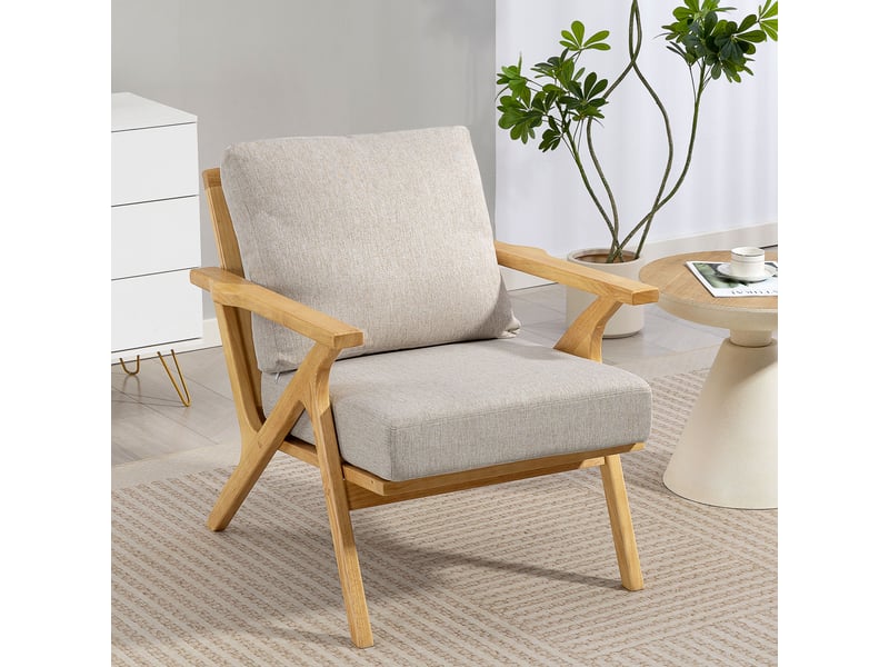  Fauteuil salon, fauteuil scandinave en tissu effet lin, coussins rembourrée et pieds en bois d'hévéa, 76x87x88cm, beige  - Conforama C